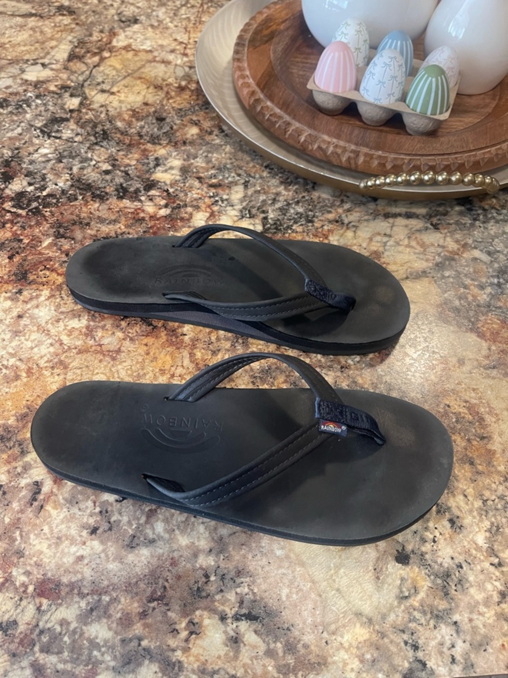 Rainbow Dark Blue Leather Flip Flop Sandals
